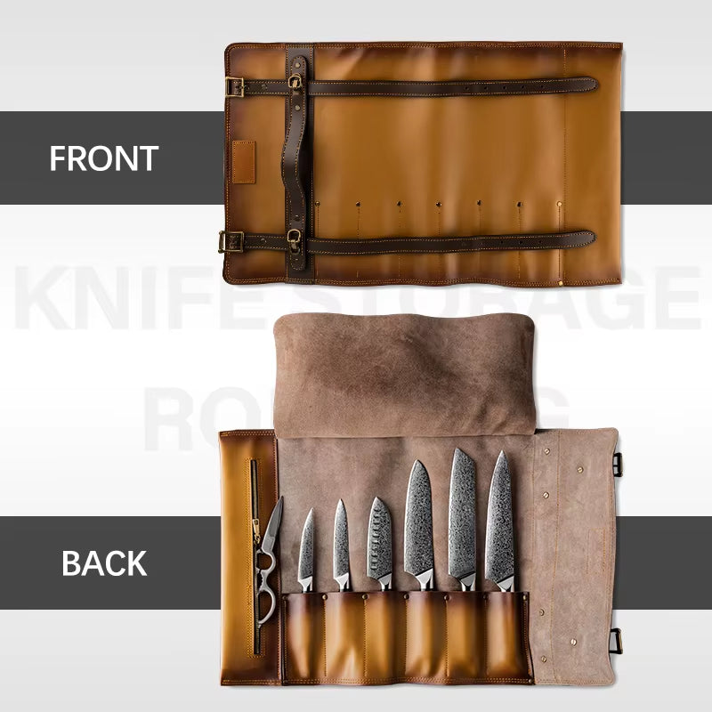 Grandsharp New Leather Foldable Storage Pouch Kitchen Knives Bags Chef Knife Roll Bag with Exquisite Craftsmanship