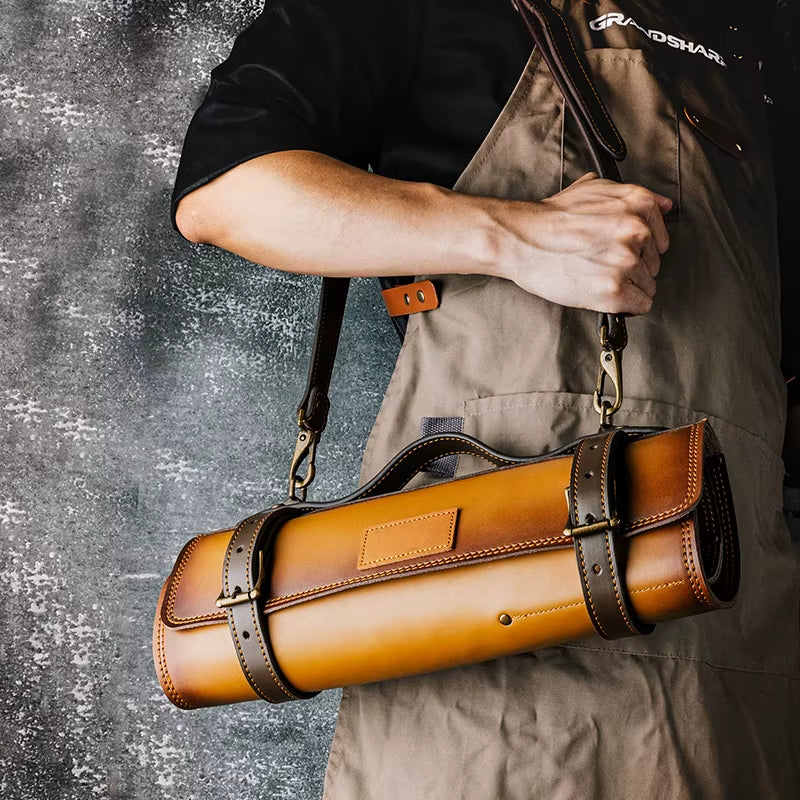 Grandsharp New Leather Foldable Storage Pouch Kitchen Knives Bags Chef Knife Roll Bag with Exquisite Craftsmanship