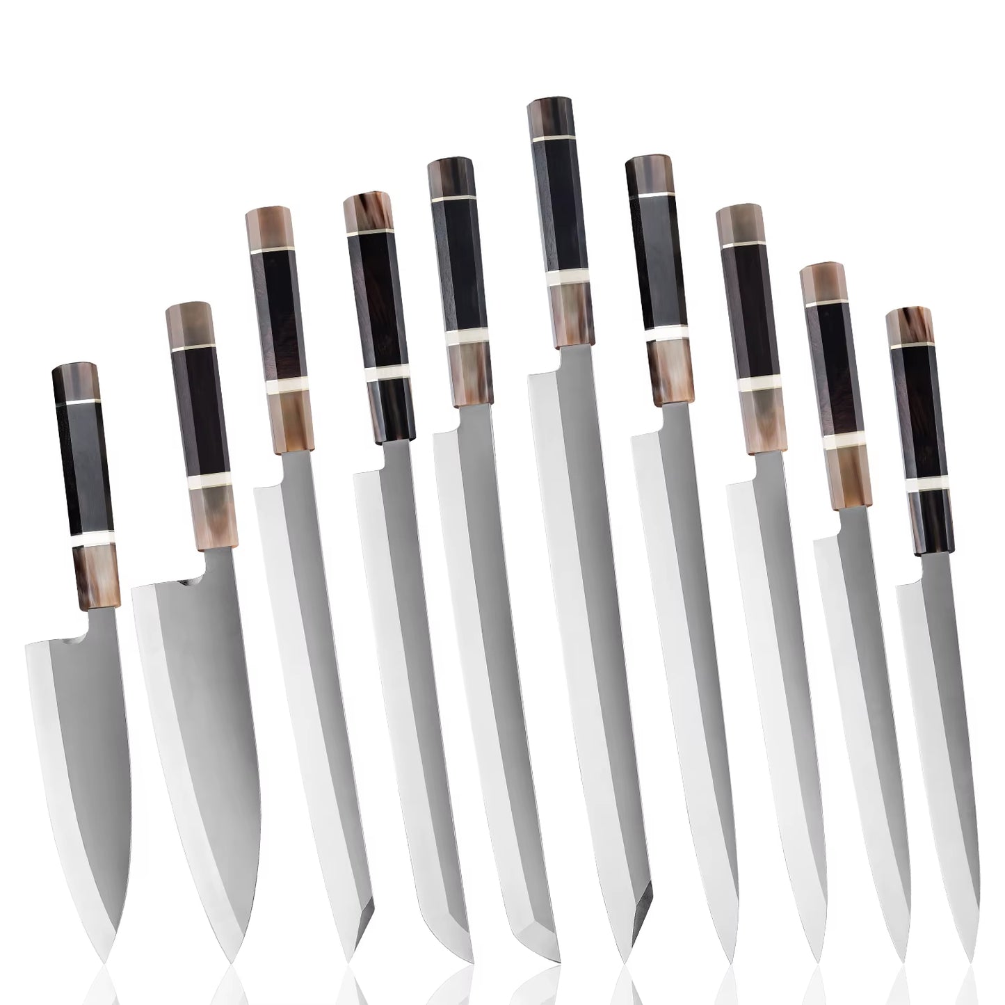 Japanese Professional 10Pcs Sashimi Knife Set Sushi Salmon Knives Yanagiba Kiritsuke Sets White Buffalo Horn & Ebony Wood Handle