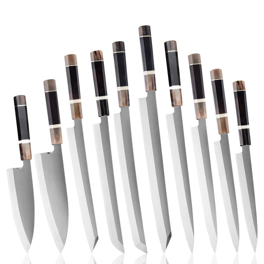 Japanese Professional 10Pcs Sashimi Knife Set Sushi Salmon Knives Yanagiba Kiritsuke Sets White Buffalo Horn & Ebony Wood Handle