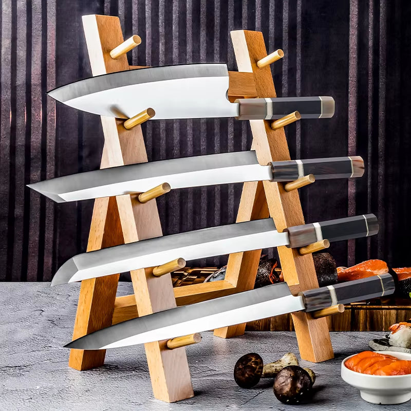 Japanese Professional 10Pcs Sashimi Knife Set Sushi Salmon Knives Yanagiba Kiritsuke Sets White Buffalo Horn & Ebony Wood Handle
