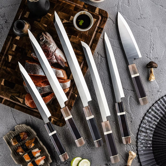 Japanese Professional 10Pcs Sashimi Knife Set Sushi Salmon Knives Yanagiba Kiritsuke Sets White Buffalo Horn & Ebony Wood Handle